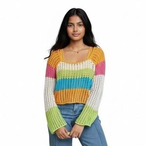Wild Fable Cropped Crochet Sweater Size S Rainbow Striped Scoop Neck Quirky